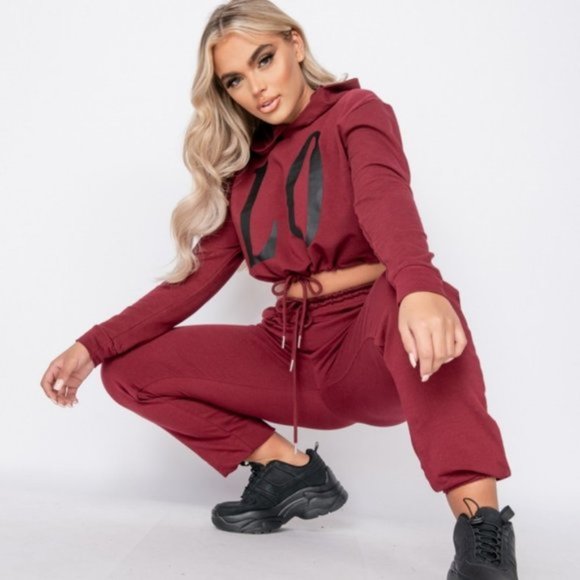 Burgundy Love Print Long Sleeve Hooded Crop Top and Joggers Pants Two Piece Set - Picture 8 of 10